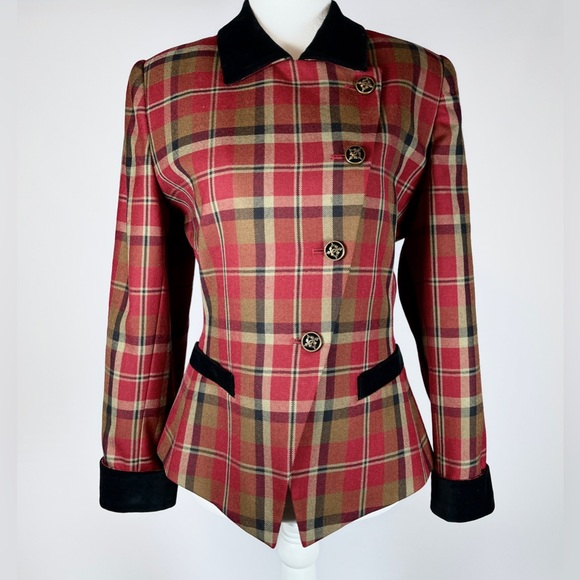 VINTAGE KASPER A.S.L Petite 100% Wool Plaid Velvet Collar Tailor Jacket 8P - Picture 1 of 9